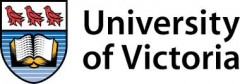 University of Victoria logo featuring the university's coat of arms--three red birds walking to the left over an open book.