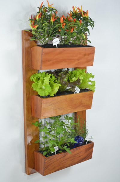 A vertical garden made out of wood.