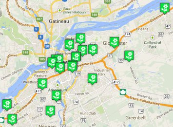 Google map with pins depicting the locations of Ottawa's community gardens.