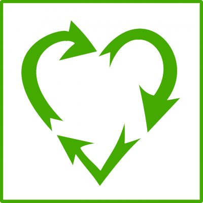 Recycling symbol in the shape of a green heart.