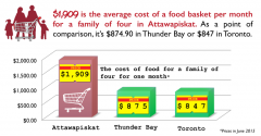 Paying for Nutrition report infographic depicting that a family of 4 in the north pays $1,909 for groceries in comparison with $847 a similar family in Toronto.