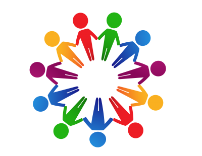 Cartoon people of various colours hold hands in a circle.