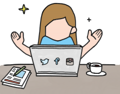 A cartoon woman sitting in front of an open laptop.