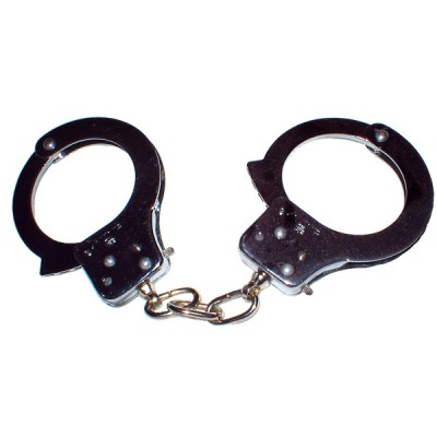 Silver handcuffs on white background