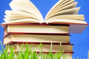 Stack of textbooks in the grass