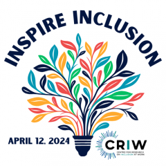 In the centre of the image is an illustration of a colourful tree coming out of the base of a lightbulb. Above reads text "INSPIRE INCLUSION" in dark blue, bold font. On the bottom left side of the illustration is "APRIL 12, 2023" in bold, blue font. On the right side of the illustration is a CRIW logo.