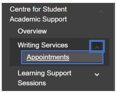 Instruction clicking on drop-down arrow beside Writing Services followed by appointments