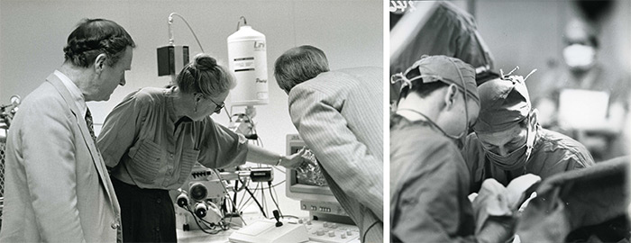 Left: Dr. Farquhar, Dr. Margaret McCully, and Nigel Lloyd (NSERC) with new electron scanning microscope, 1991. Department of University Communications fonds. | Right: Dr. Wilbert J. Keon in an operating room, c. 1990. Development and Alumni Services fonds.
