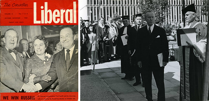 Left: The Canadian Liberal, Volume X, 1959. Geoffrey Pearson fonds, Archives and Research Collections, Carleton University Library. | Right: Lester B. Pearson at Convocation, 1967. Department of University Communications fonds.