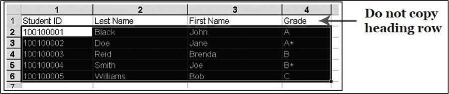 Screenshot of excel spreadsheet with all content highlighted except for the column titles.