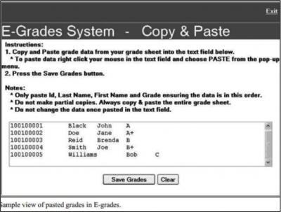 Screenshot of the E-Grades page with sample content pasted in the text field.