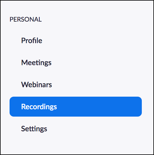 Screenshot of left sidebar with Recordings highlighted.