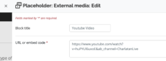 Screenshot of External Media text box. The first text box to fill is Block title. The second text box to fill is the URL or embed code