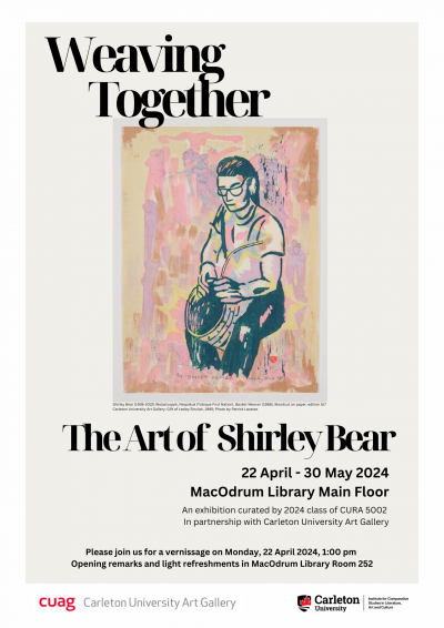 [Image Credit: Shirley Bear (1936-2022) Wolastoqiyik, Neqotkuk (Tobique First Nation) Basket Weaver (1988)Woodcut on paper, edition 5/7, Collection of Carleton University Art Gallery: Gift of Lesley Sinclair, 1995, Photo by Patrick Lacasse]