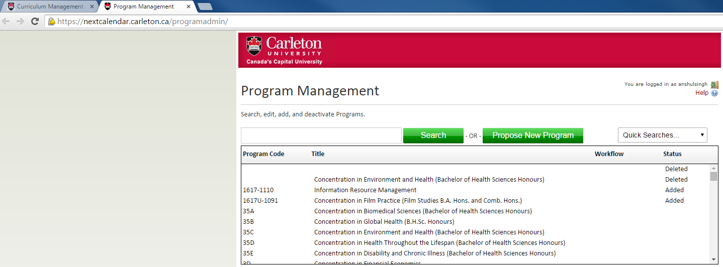 Screenshot from Courseleaf to illustrate the program management screen