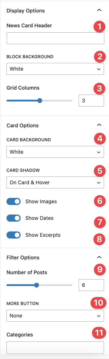 Card listing block options