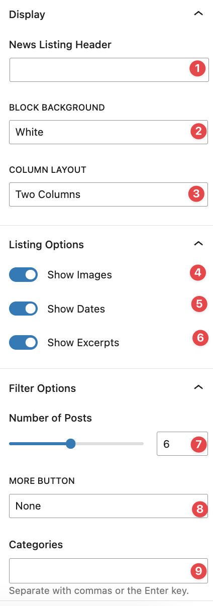 news listing block options