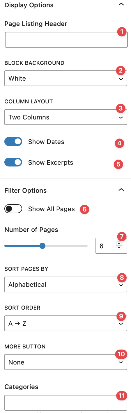 Page listing options