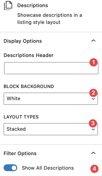 Descriptions list options