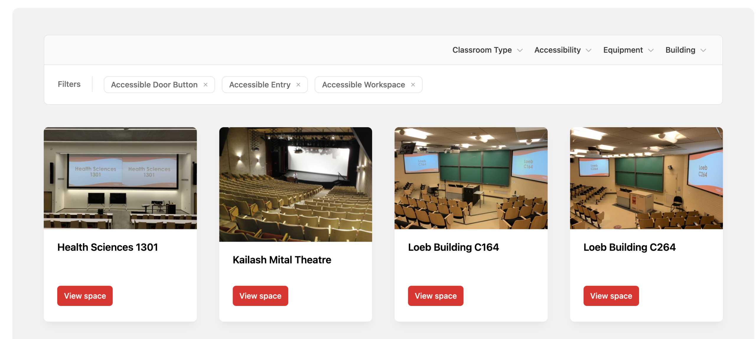 Space listing page showing available classrooms and accessibility features.