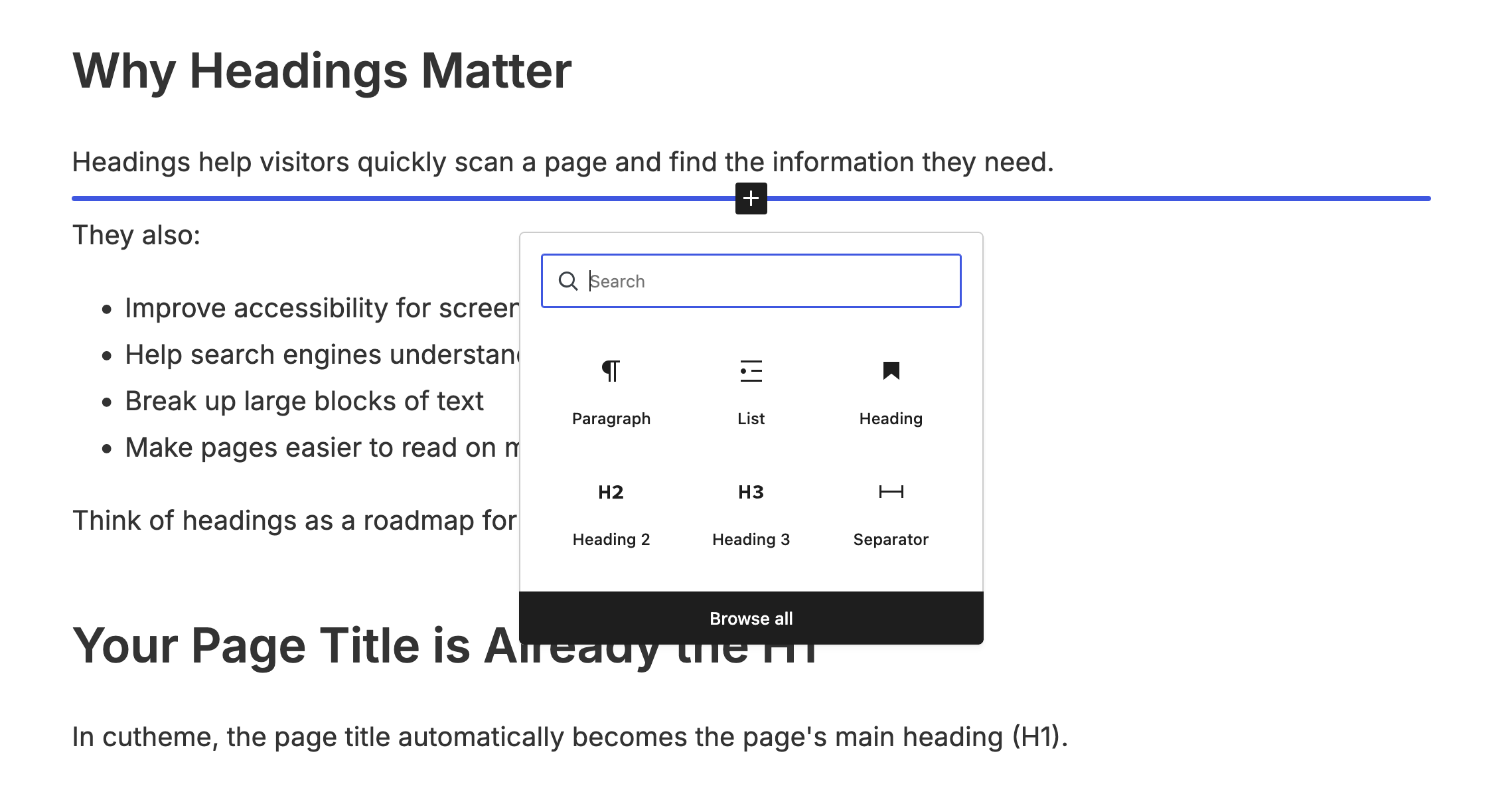An example of adding blocks directly in the content editor.