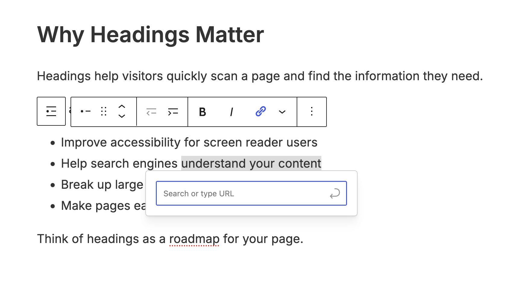 An example of using the toolbar to add a link to content.