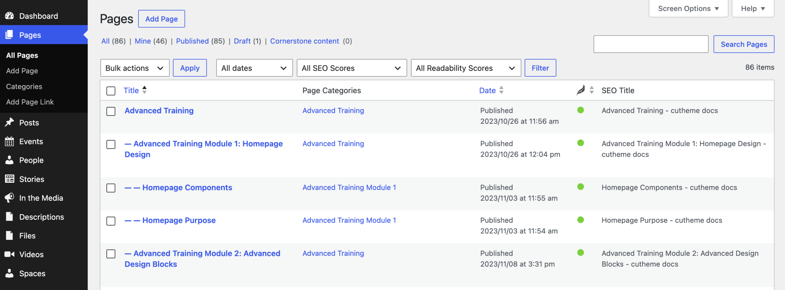 A view of the page list in a WordPress site