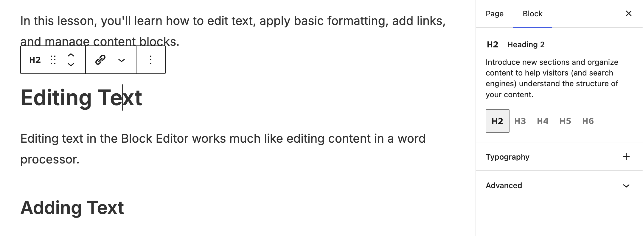 A heading block selected in the editor with the setting panel in view.