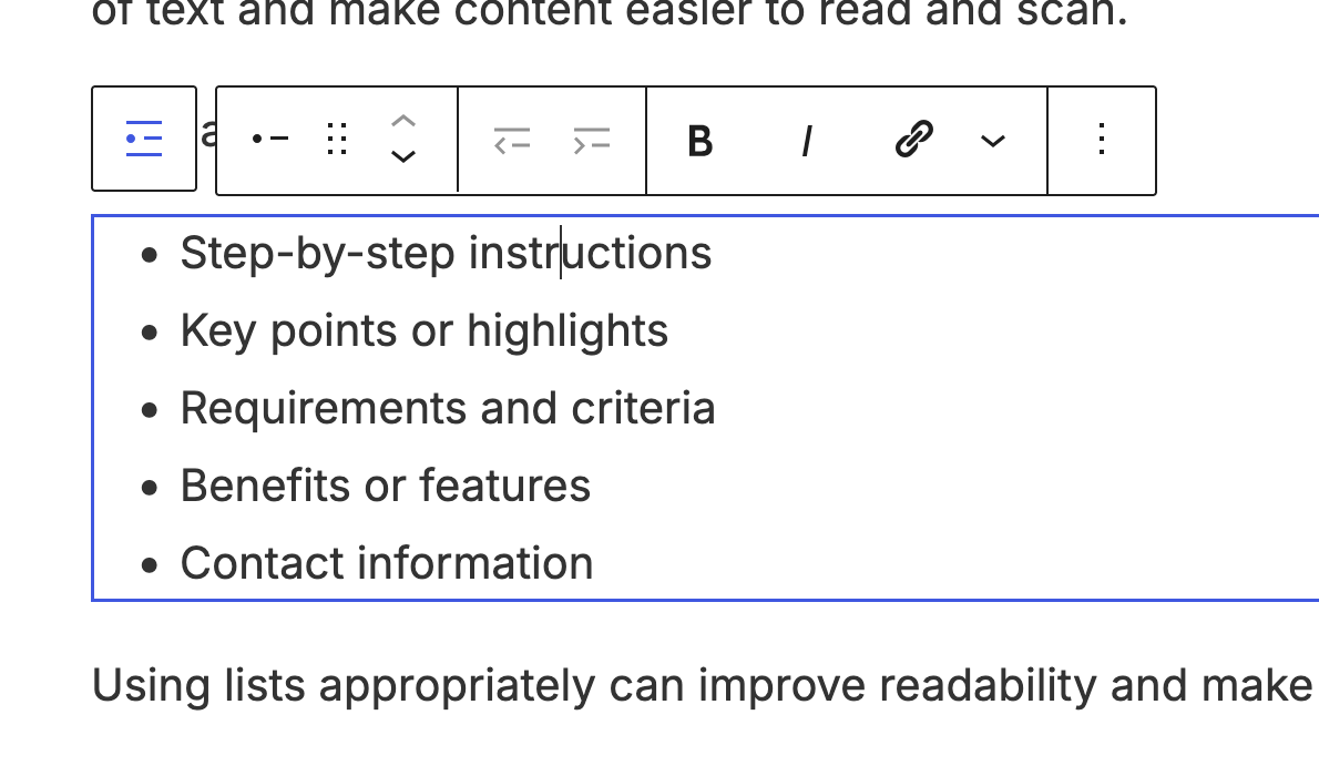 A selected list block in the content editing area.