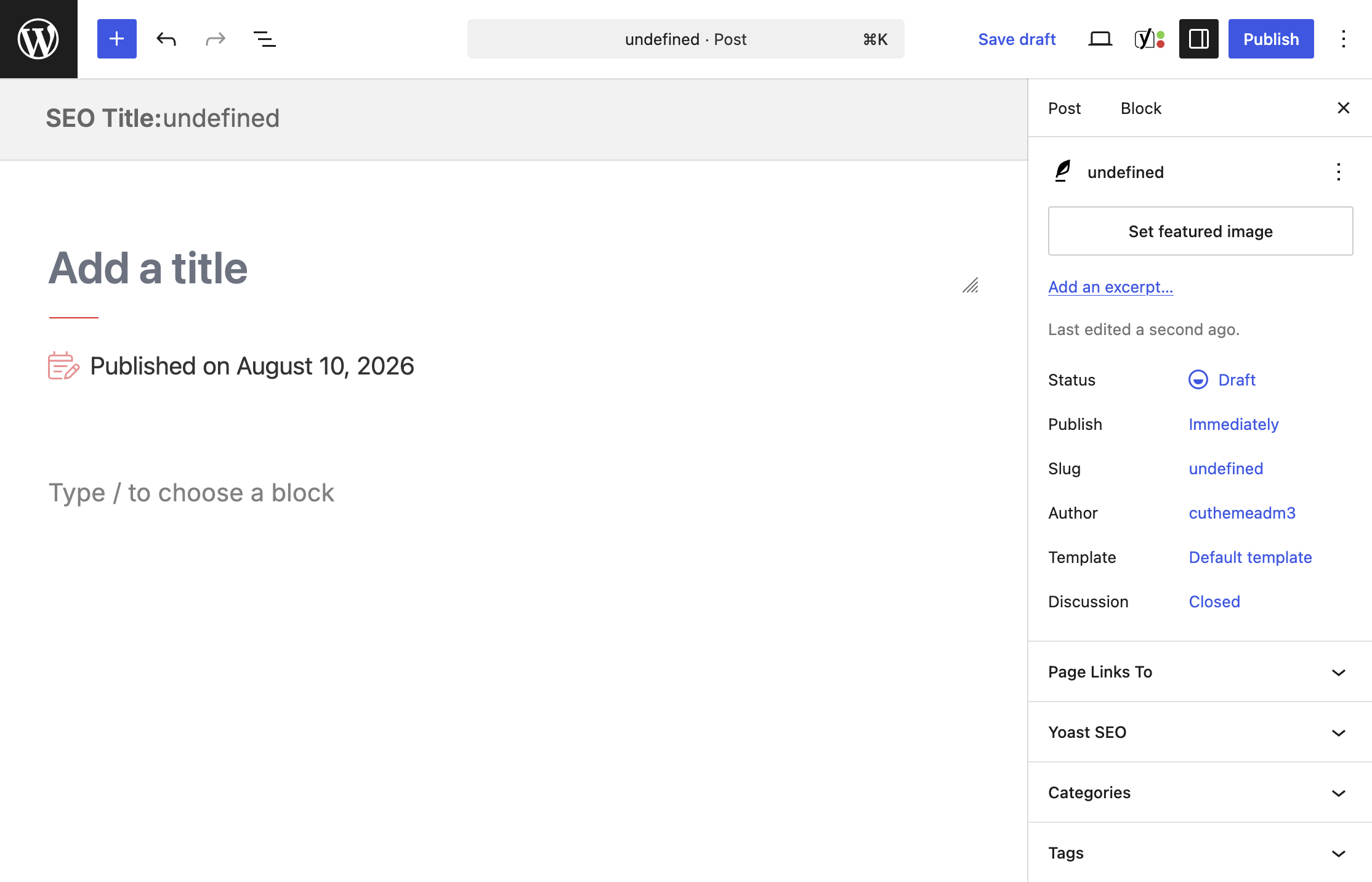 View of a new post with the sidebar options exposed.