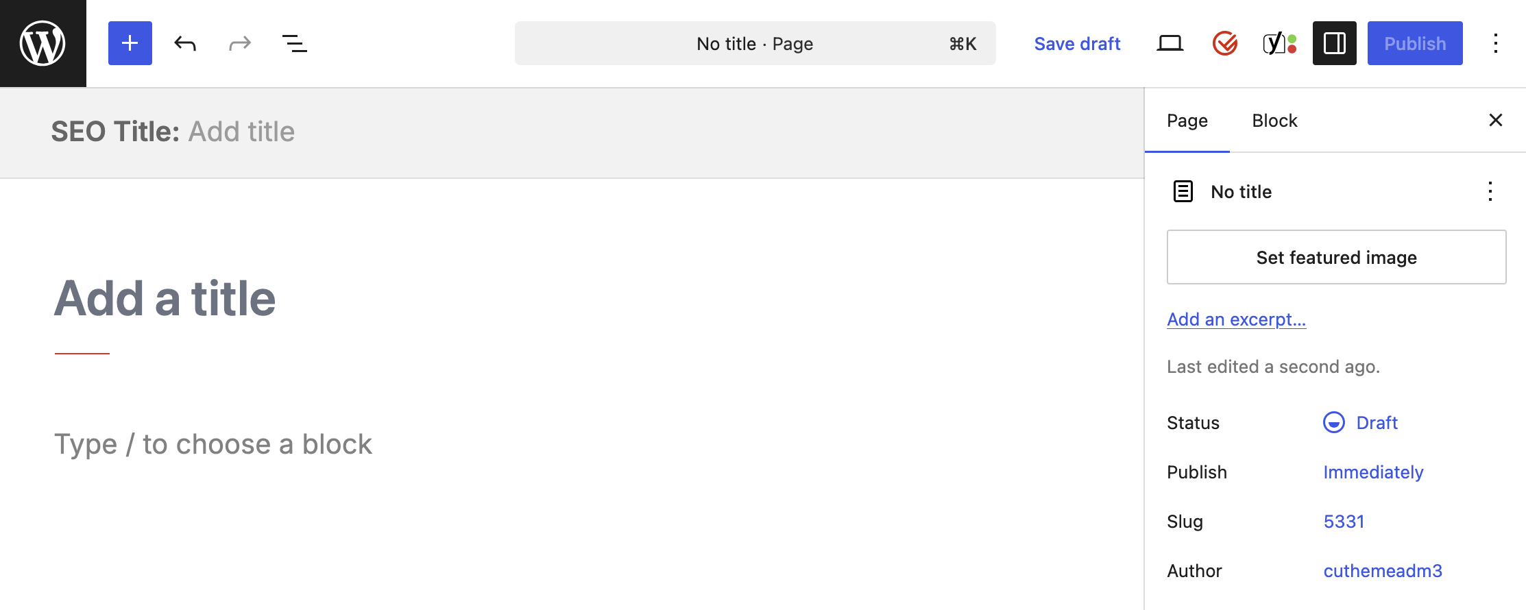 A view of a new page with customizable SEO and Page titles.