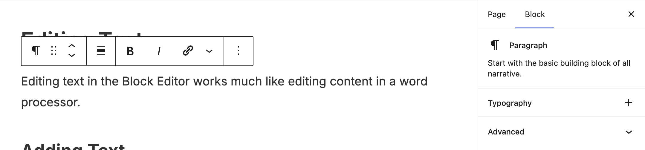 A paragraph block selected in the editor with the setting panel in view.
