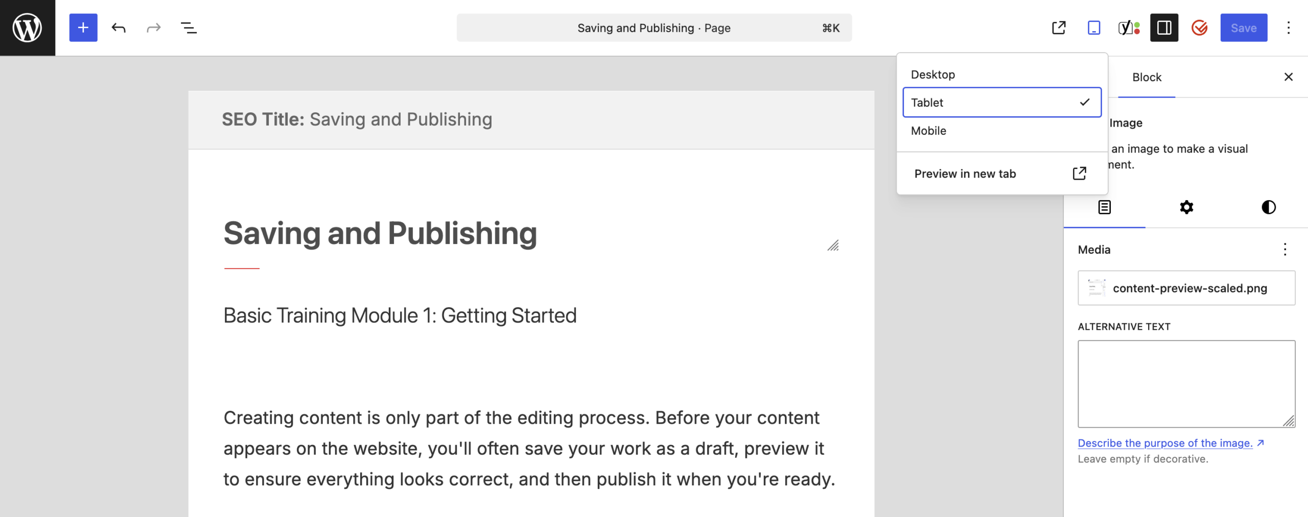 A tablet preview of the content editor.