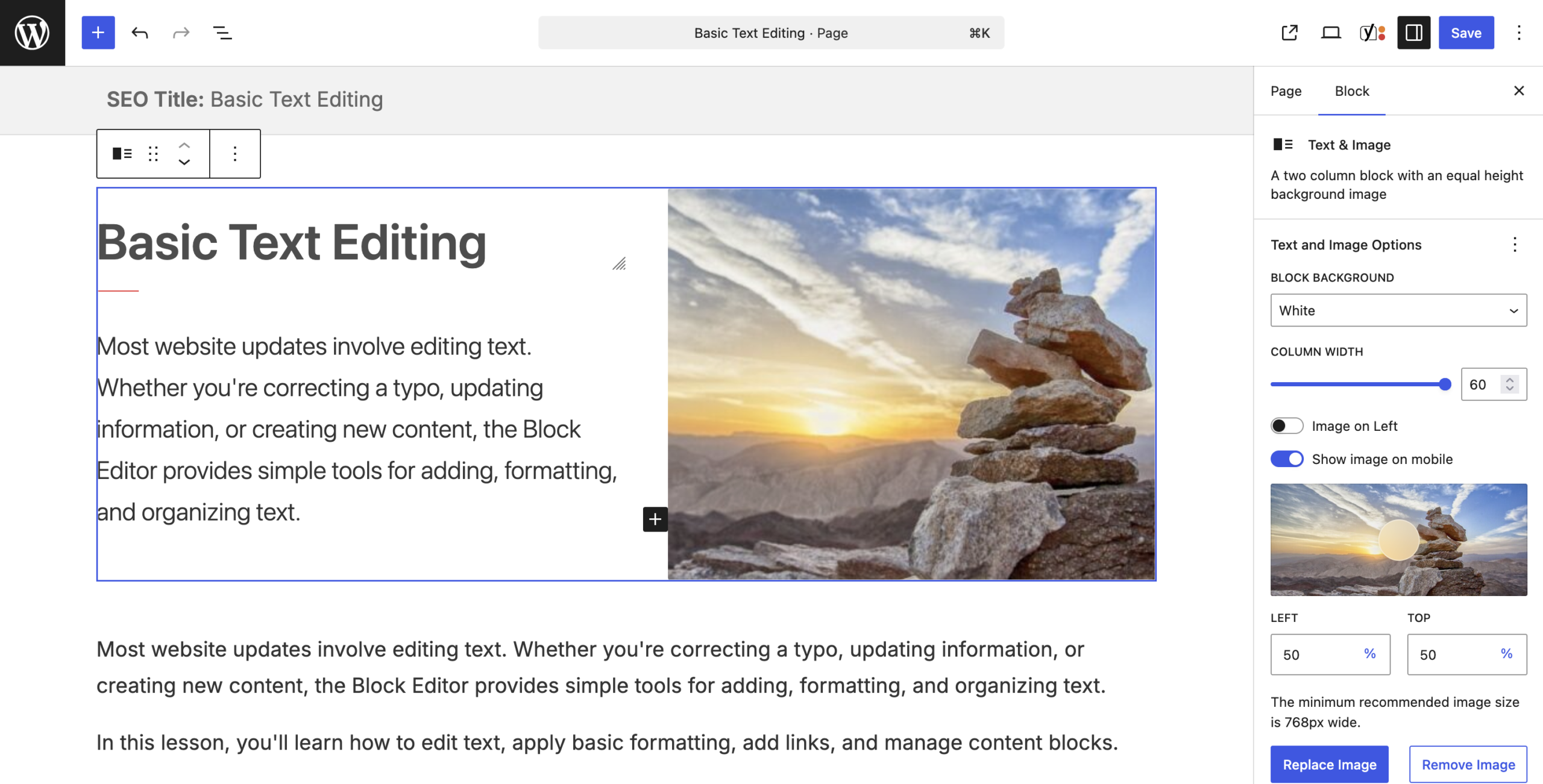 A view of the text image block in the editor with the block setting in view.