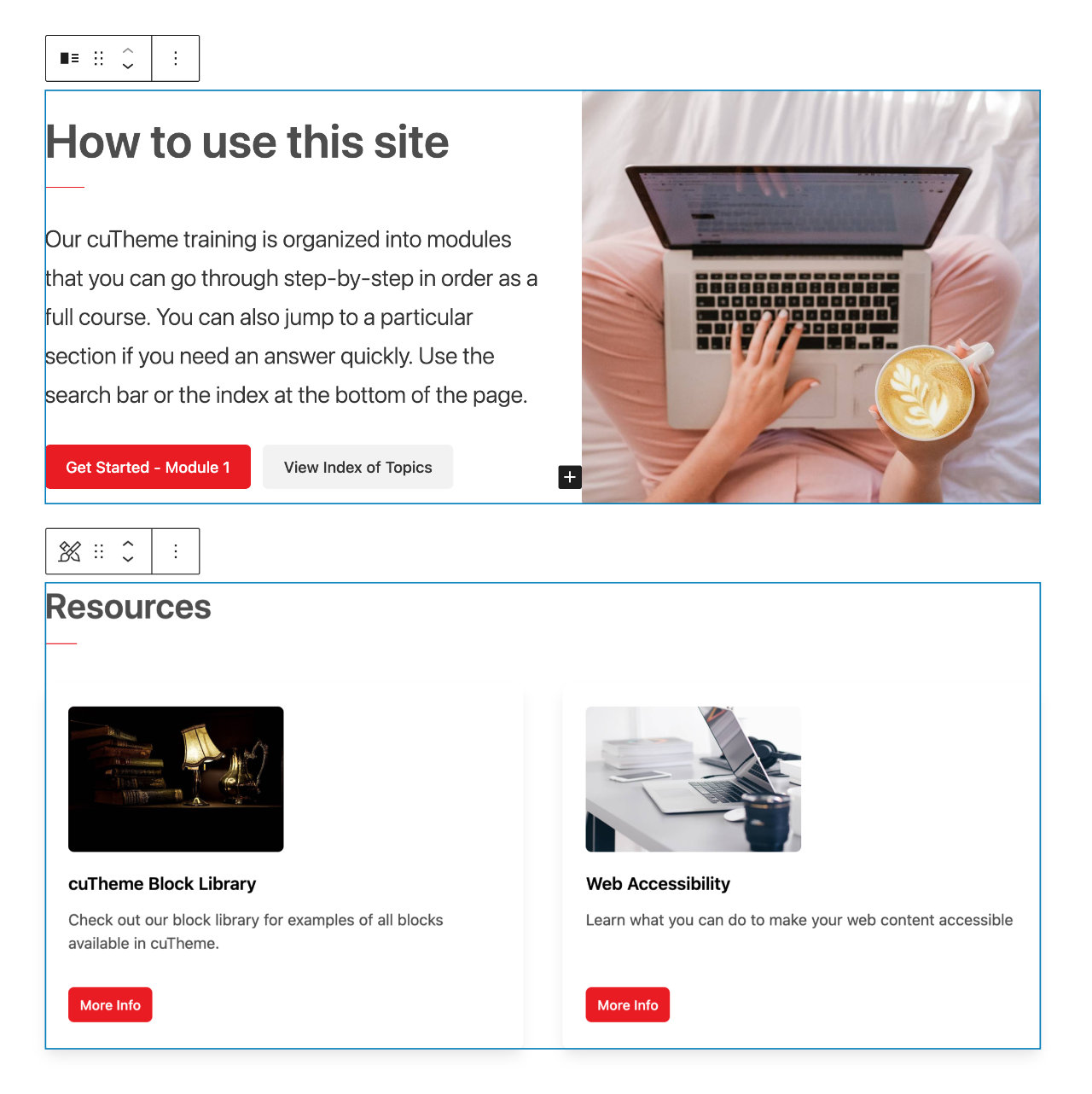 An example of content block selected in the Gutenberg editor.