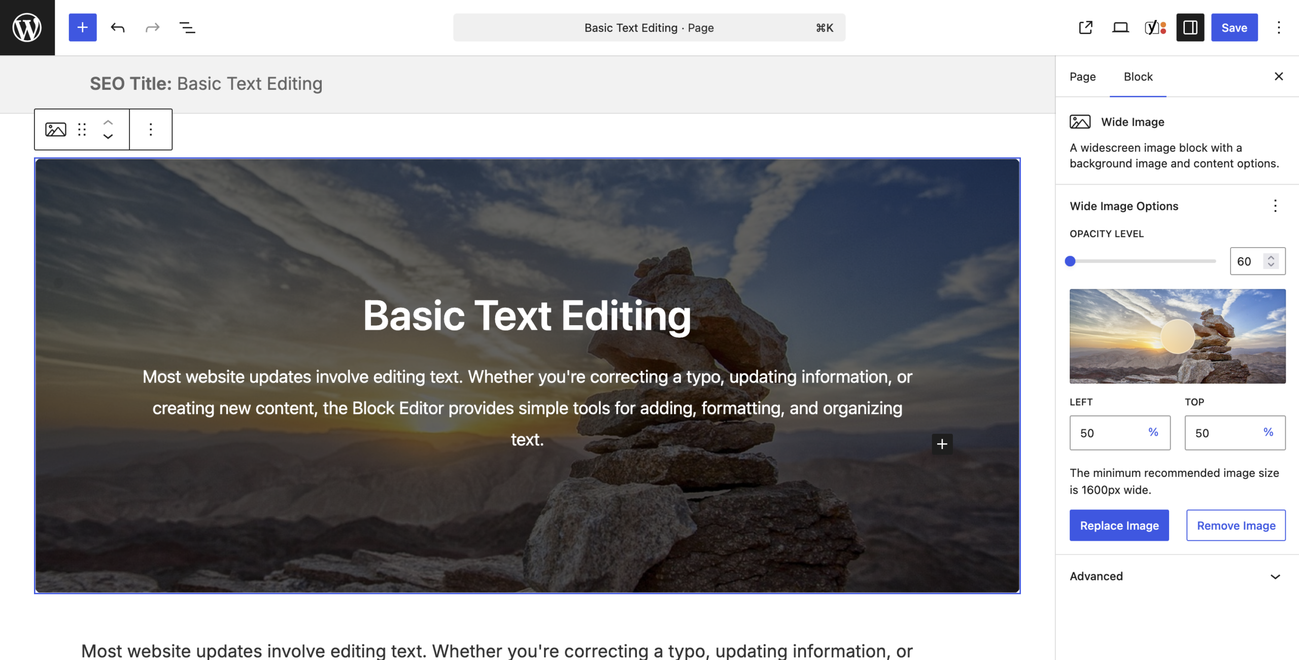 A view of the wide image block in the editor with the block setting in view.