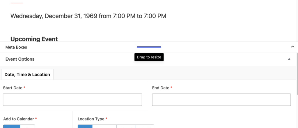 The element can be dragged to resize it by hovering and clicking on the meta boxes bar 