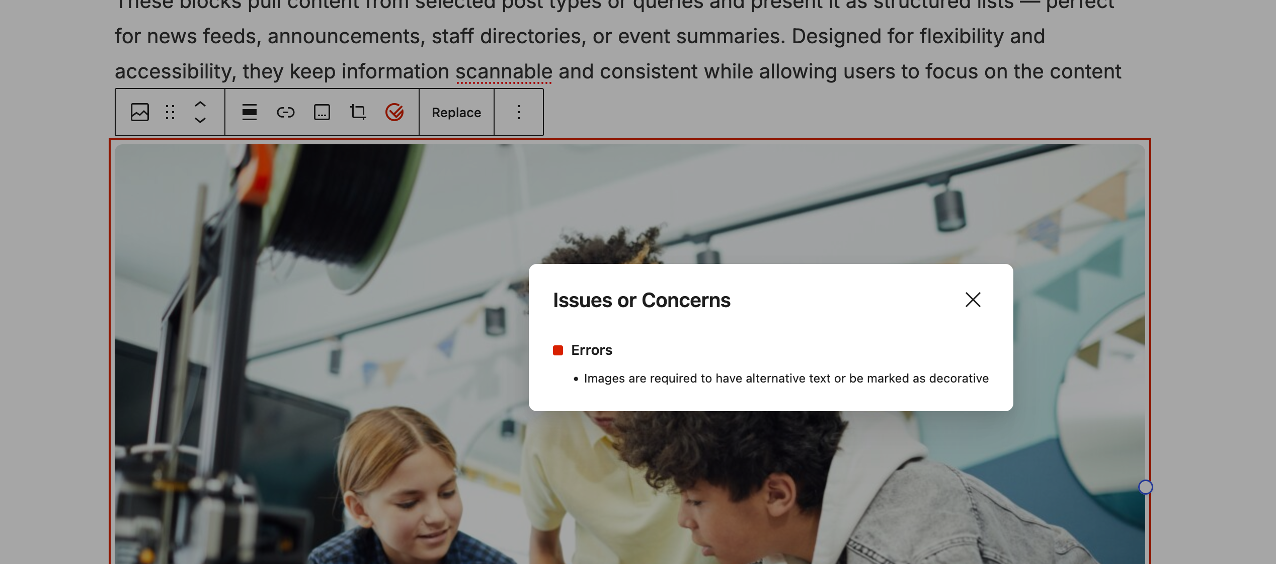 An example of an image being validated and the message that is presented to the user.