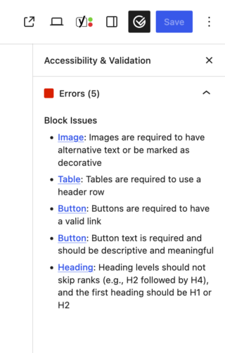 The sidebar on a page in the content editing area displays a list of all accessibility issues on the current page.