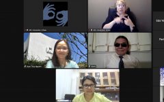 The image above shows a screenshot from Zoom with ASL interpreter, Dr. Thuy Nguyen, Dr. Alexis Padilla and Dr. Shilpaa Anand 