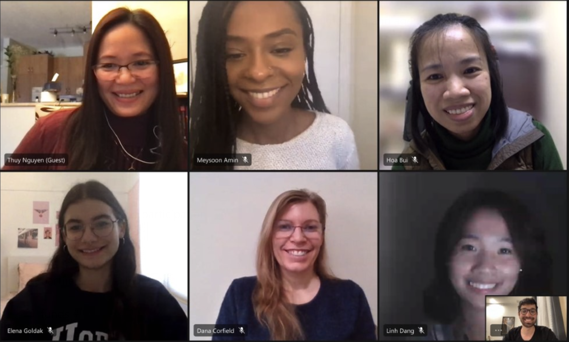 The image shows a screenshot from a Microsoft Teams meeting. It has 6 big windows and 1 small small in lower right corner hosting the image of each member of the DDSC team. The Team members are Dr. Xuan Thy Nguyen, Meysoon Amin, Hoa Bui, Elena Goldak, Dana Corfield, Linh Dang, and Fayssal Yatim