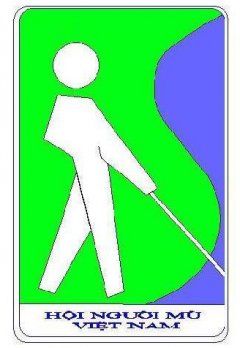 This is a logo of Vietnam Blind Association. It included a person using a white cane on the green background and purle on the right corner.