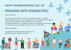 The postcard features a blue background, showcasing various individuals, including children and adults with different kinds of disabilities.