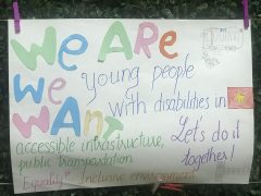 The manifestos delivers the written message: We are young people with disabilities in Vietnam (Vietnam illustrated by the images of its national flag). We want accessible infrastructure, public transportation. Equality – Inclusive environment. Let’s do it together” Above on the right, there is an image of a wheelchair user and a bus with a ramp. At the bottom, there is tactile paving