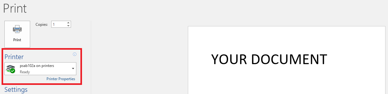 Windows print window highlighting where to select which printer to user