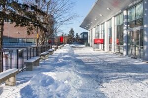 View of snowy pathway in front of Tory Building