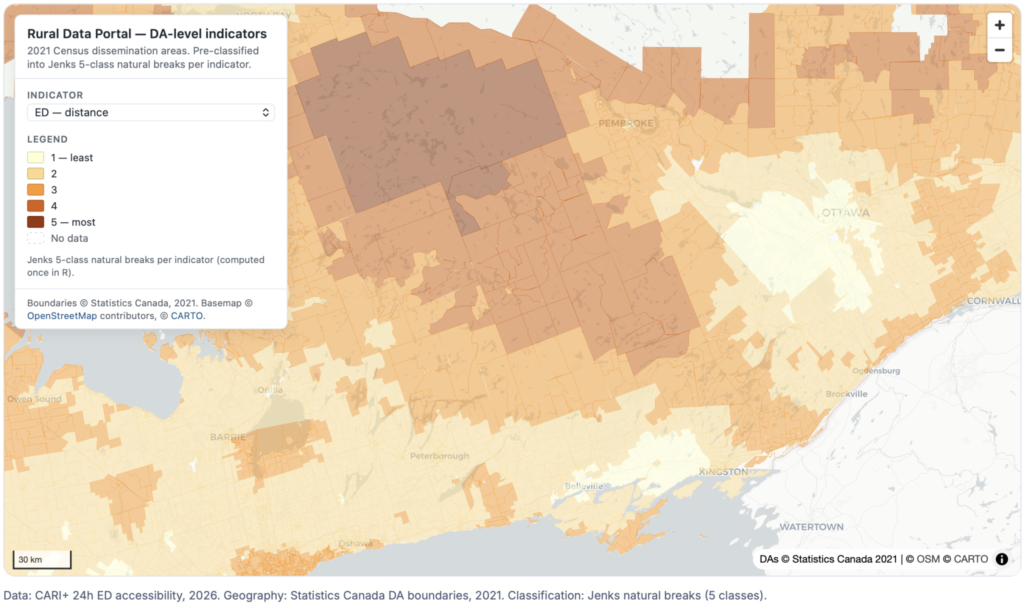 Map of CARI measure for emergency department access in Canada.