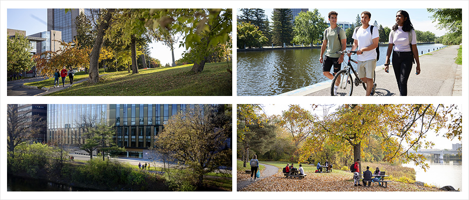 A collage of four images showcasing different aspects of the Carleton University campus