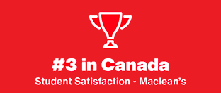 Red and white image featuring a trophy icon and the text: #3 in Canada, Student Satisfaction - Maclean's