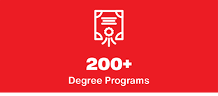 Red and white image featuring a certificate icon and the text: 200+ Degree Programs